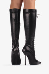 Laced-Up Tapered Toe Knee High Stiletto Boots - Black