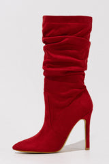 Faux Suede Pointed Toe Knee High Ruched Mid Heeled Boots - Red