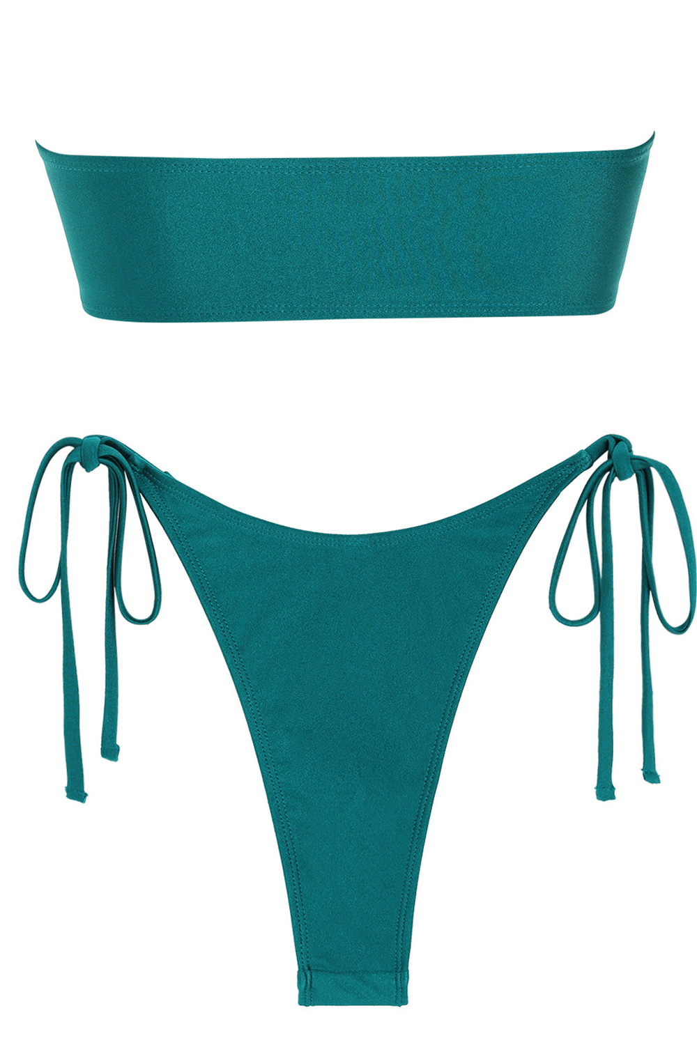 Metal Hammered Trim Bandeau Tie Side Bikini Set - Green