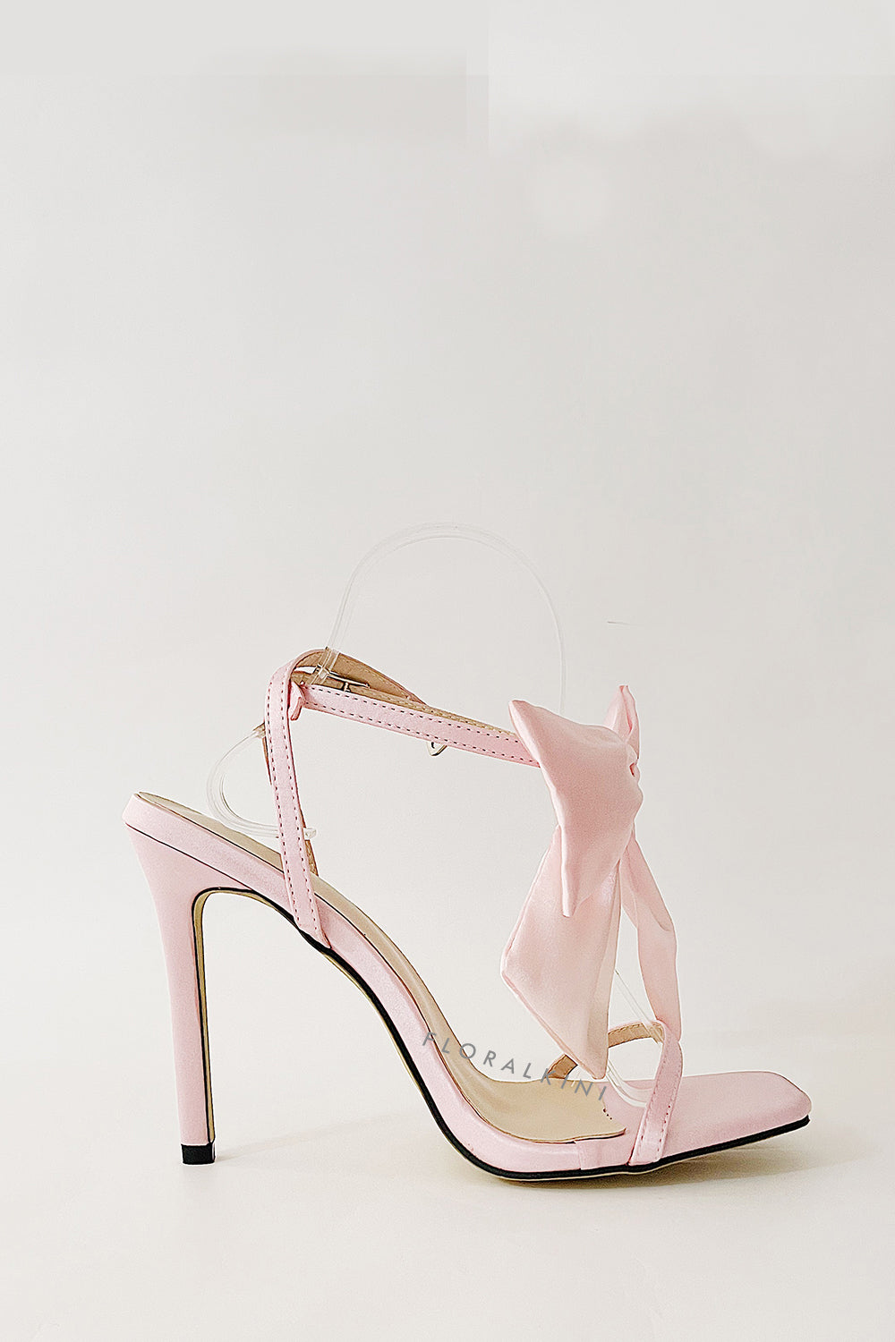 Bow Embellished Faux Leather Open Square Toe Stiletto Heels - Pink