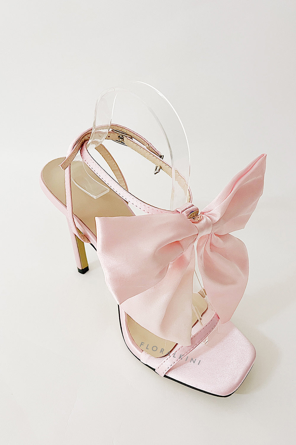 Bow Embellished Faux Leather Open Square Toe Stiletto Heels - Pink
