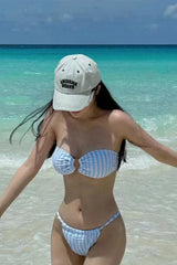 Crinkle Striped Bandeau Bikini Set With O-Ring Detail
