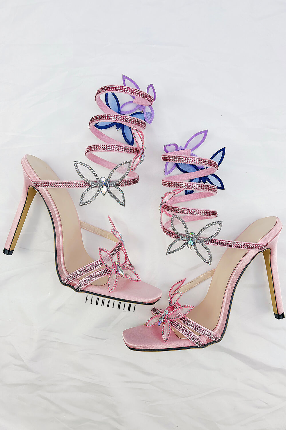 Crystal-Embellished Butterfly Around The Ankle Coil Stiletto Sandals - Multicolor