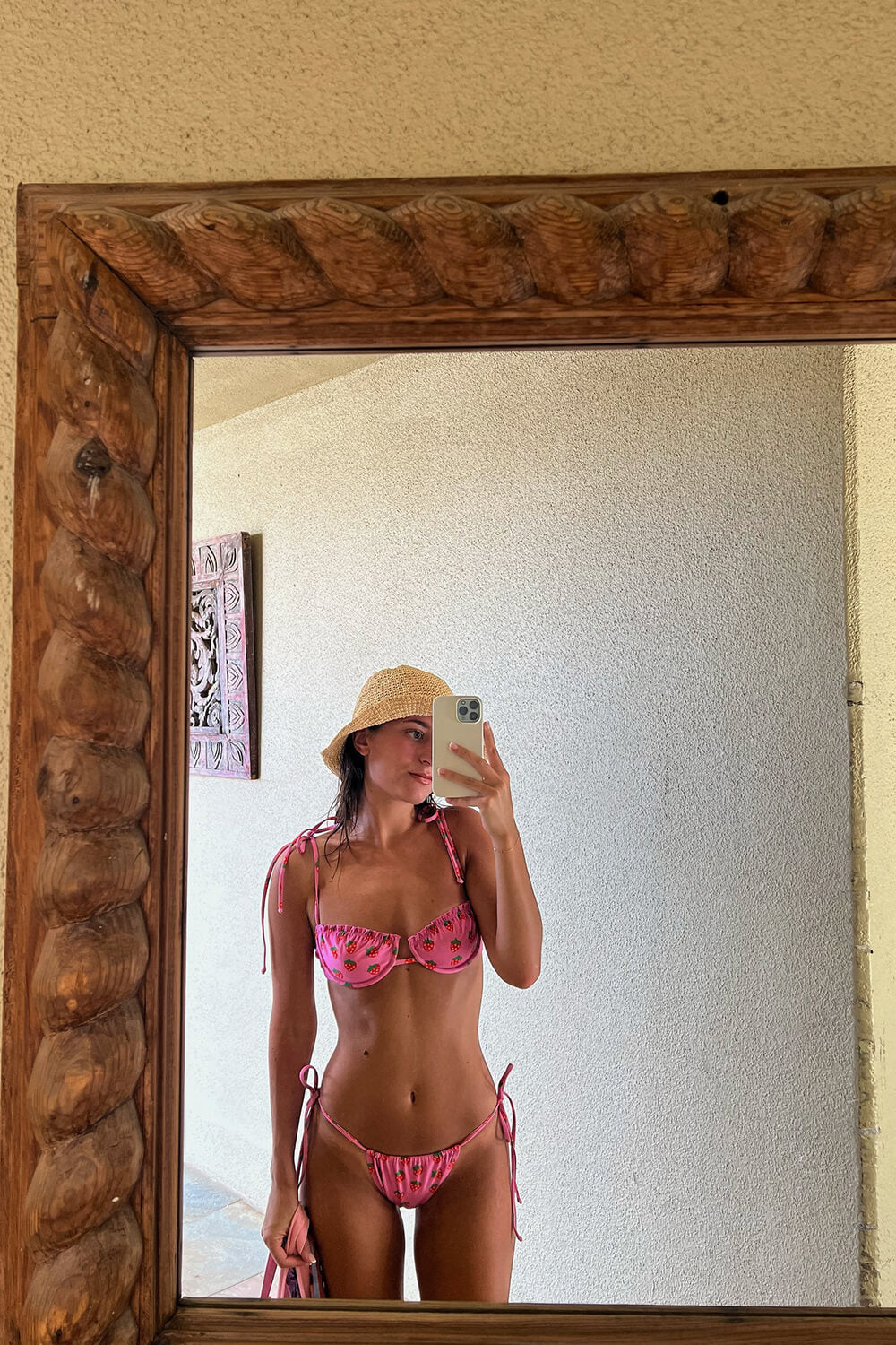 Strawberry Underwire Balconette Tie Up Bikini Set - Hot Pink