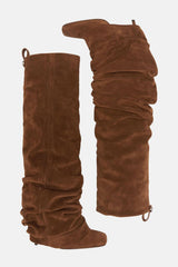 Faux Suede Square Toe Folded Knee High Stiletto Boots - Brown