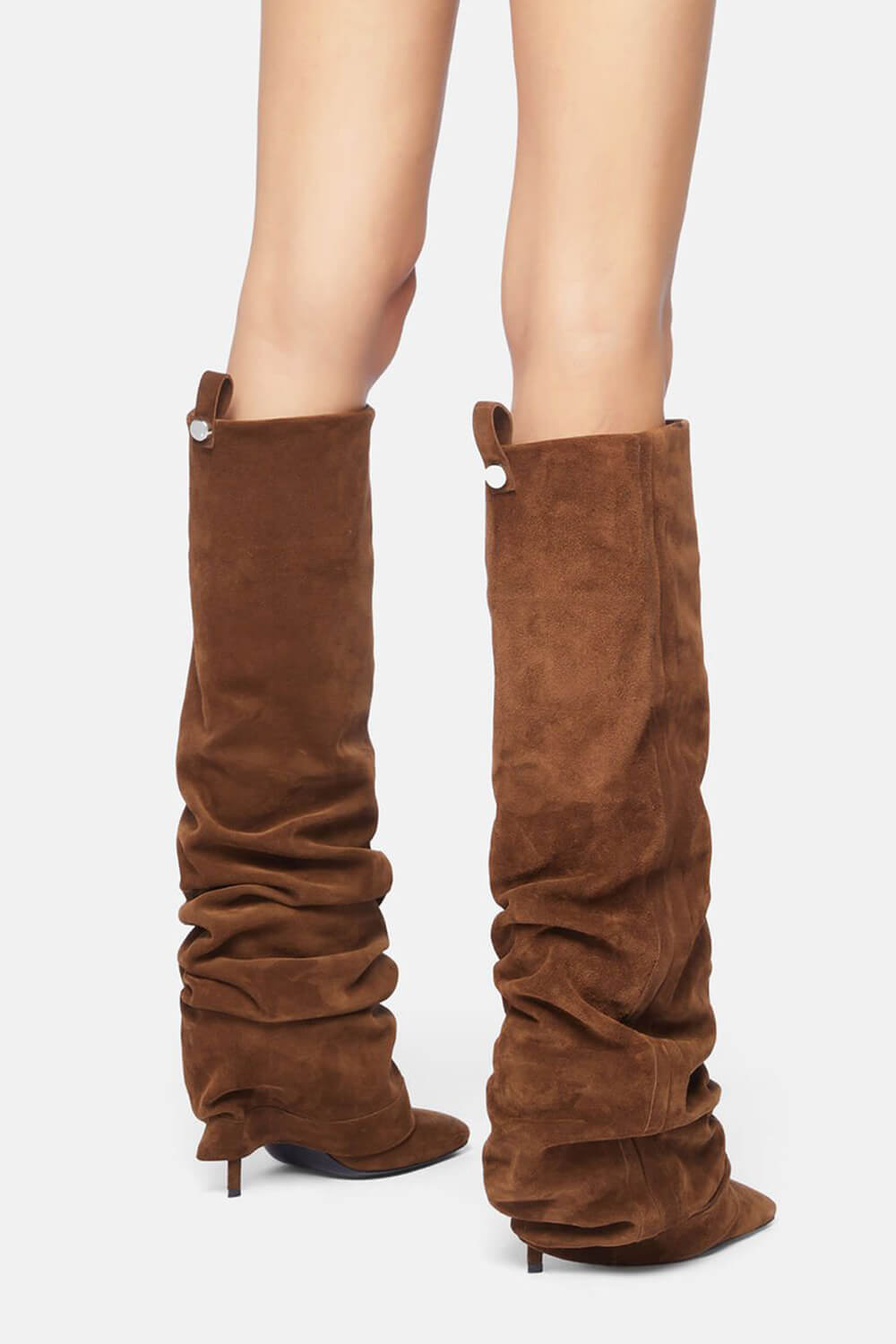 Faux Suede Square Toe Folded Knee High Stiletto Boots - Brown