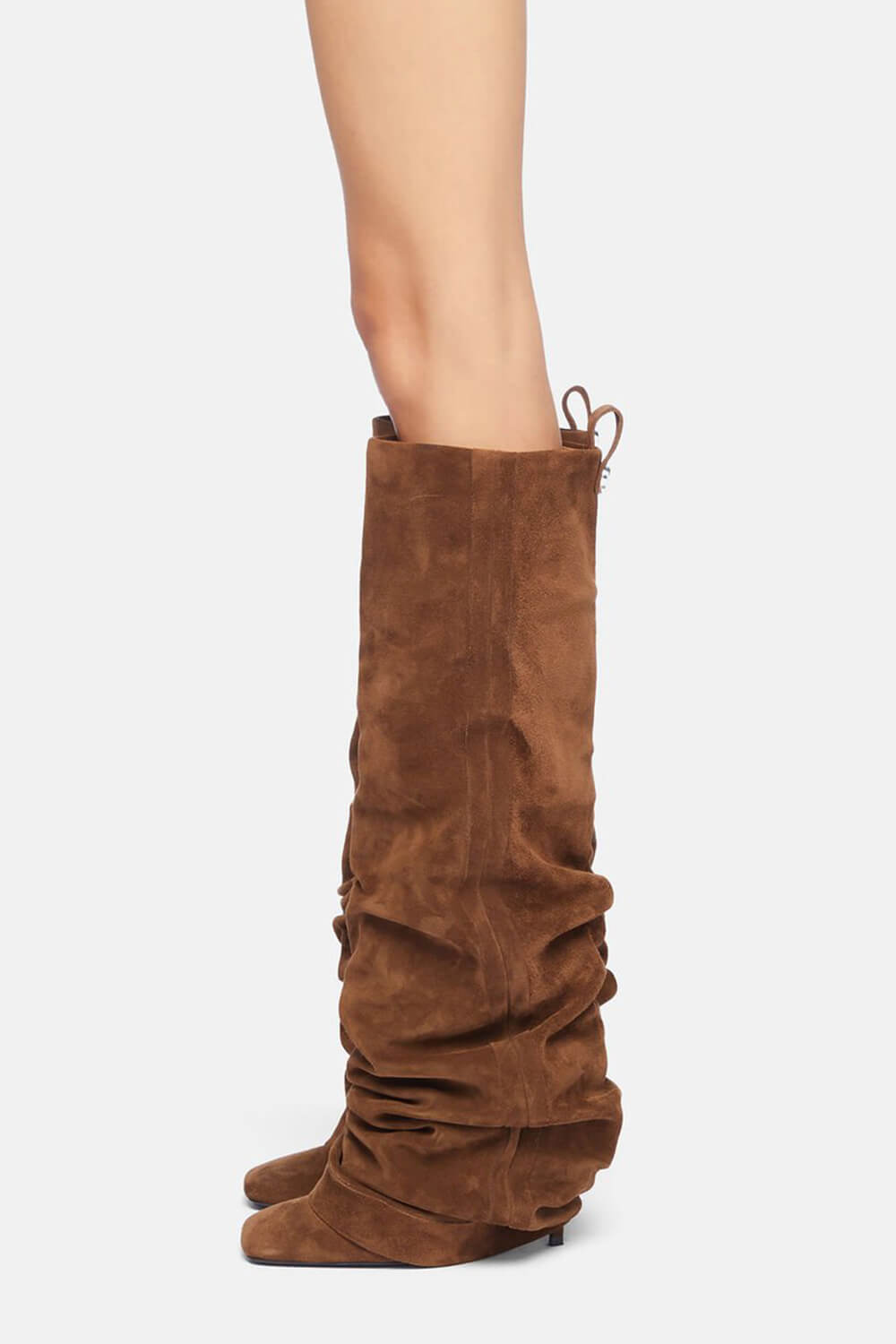 Faux Suede Square Toe Folded Knee High Stiletto Boots - Brown