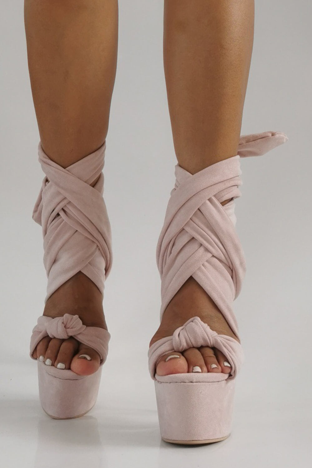 Platform Suede Tie Wrap Around Stiletto Heel - Nude