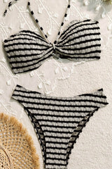 Black White Striped Textured Bandeau Hater Bikini Set