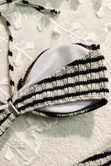 Black White Striped Textured Bandeau Hater Bikini Set