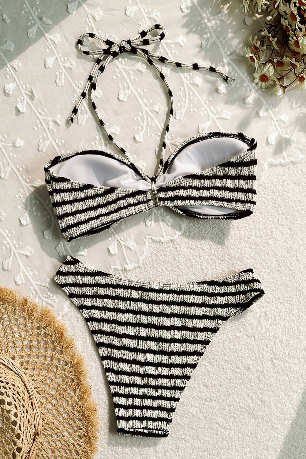 Black White Striped Textured Bandeau Hater Bikini Set
