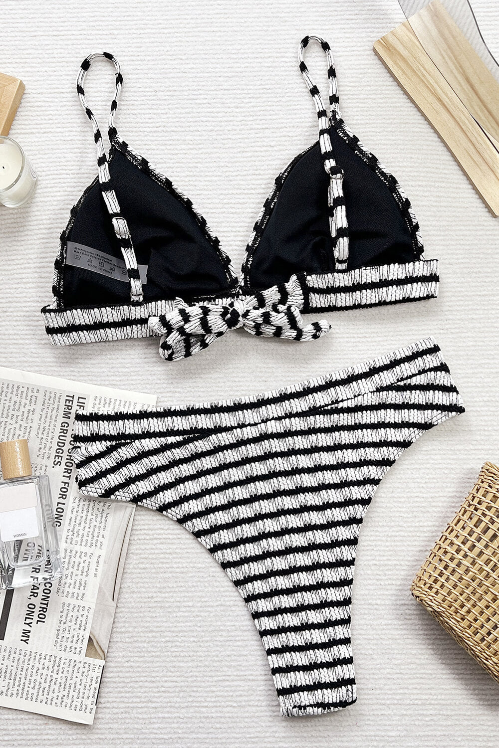 Black White Striped Textured Triangle Bikini Set