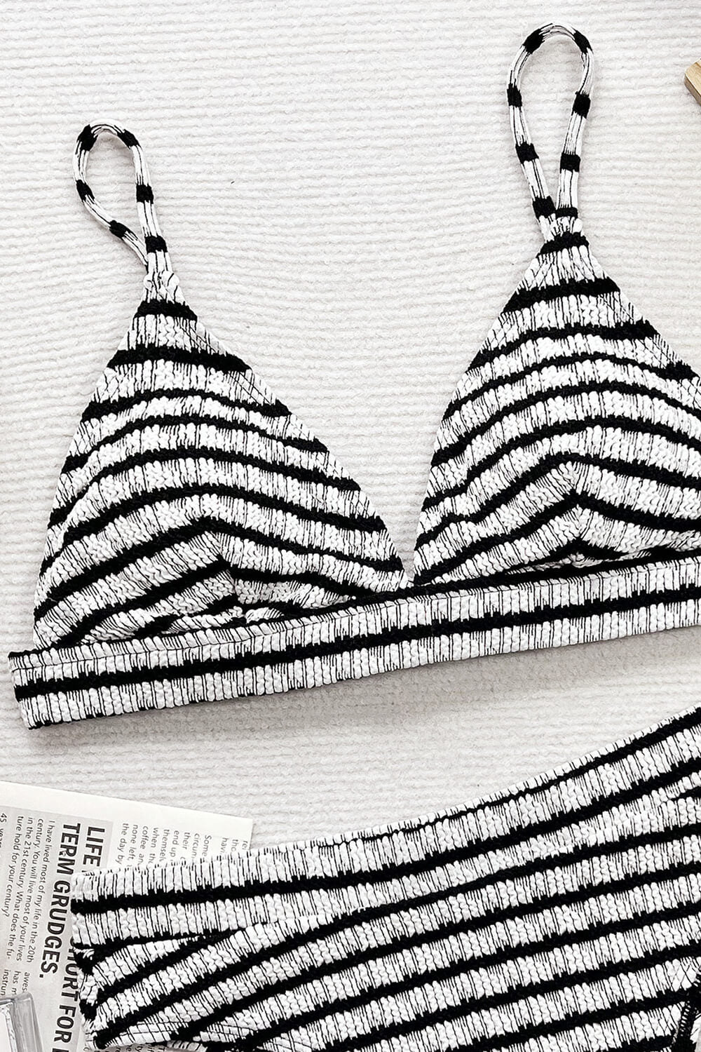 Black White Striped Textured Triangle Bikini Set
