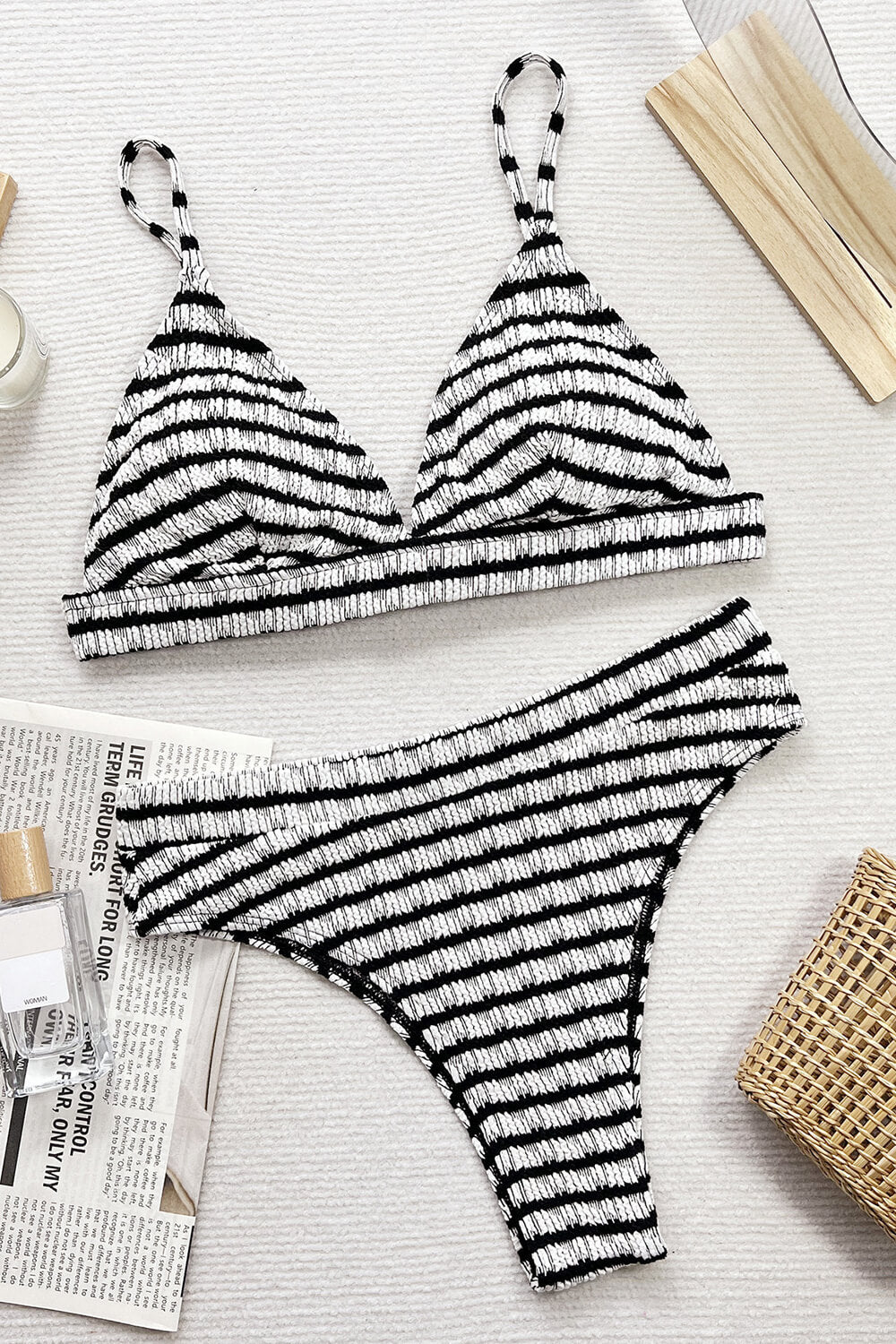 Black White Striped Textured Triangle Bikini Set