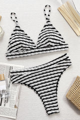 Black White Striped Textured Triangle Bikini Set
