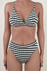 Black White Striped Textured Triangle Bikini Set