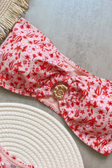 Floral Bandeau High Rise Bikini Set With Gold Shell Hardware Detail