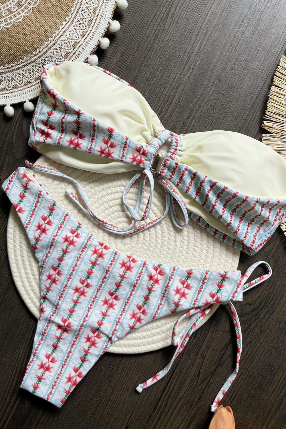 Lily Flower Print Tie Front Bandeau Tie Side Bikini Set