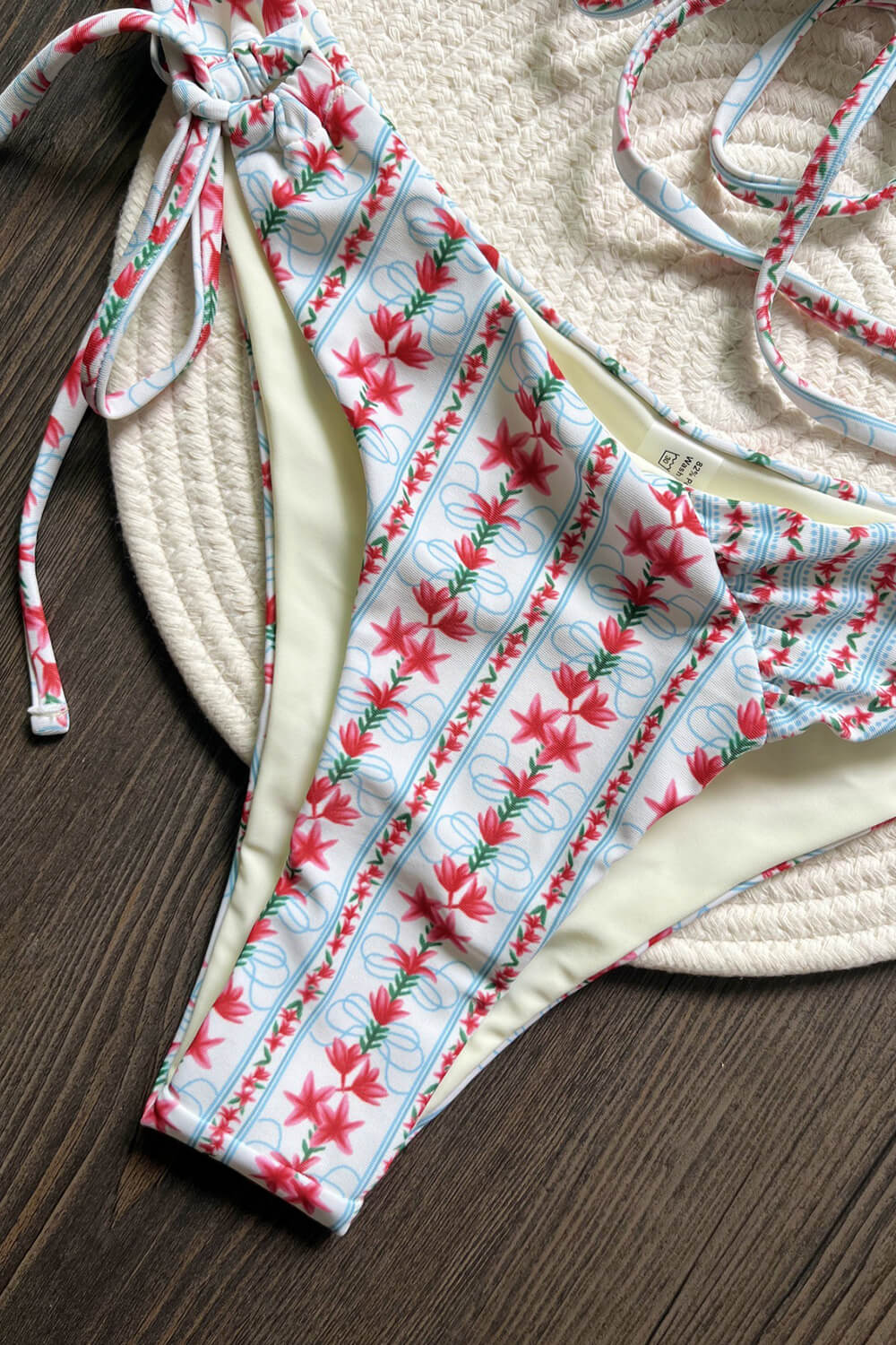 Lily Flower Print Tie Front Bandeau Tie Side Bikini Set