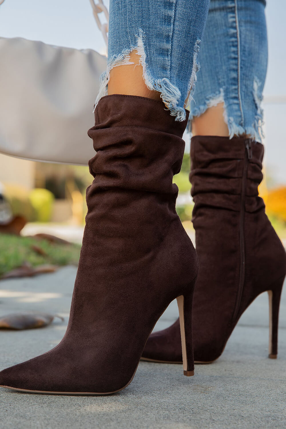 Faux Suede Ruched Detailed Mid-Calf Slouch Stiletto Heel Boots