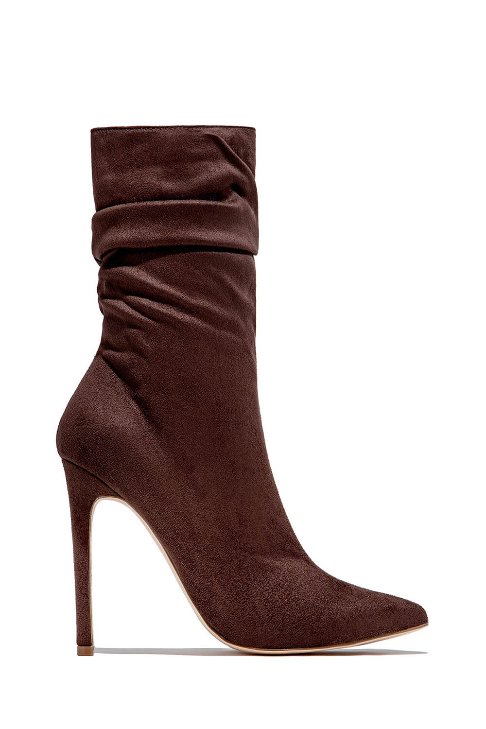 Faux Suede Ruched Detailed Mid-Calf Slouch Stiletto Heel Boots