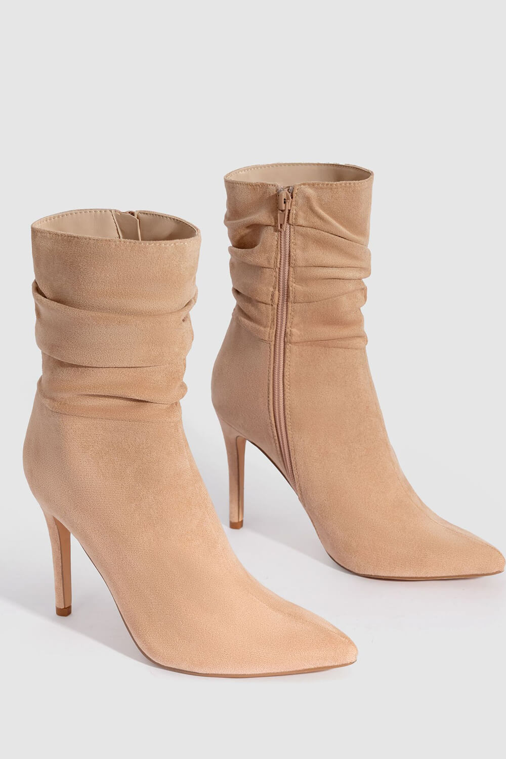 Faux Suede Ruched Detailed Mid-Calf Slouch Stiletto Heel Boots