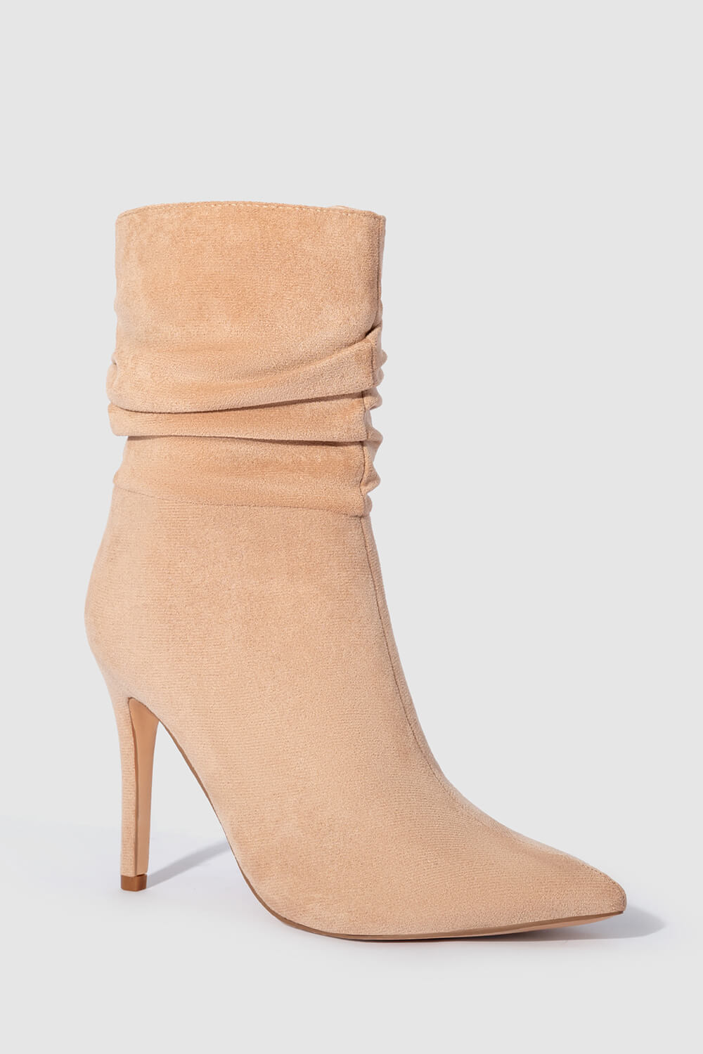 Faux Suede Ruched Detailed Mid-Calf Slouch Stiletto Heel Boots
