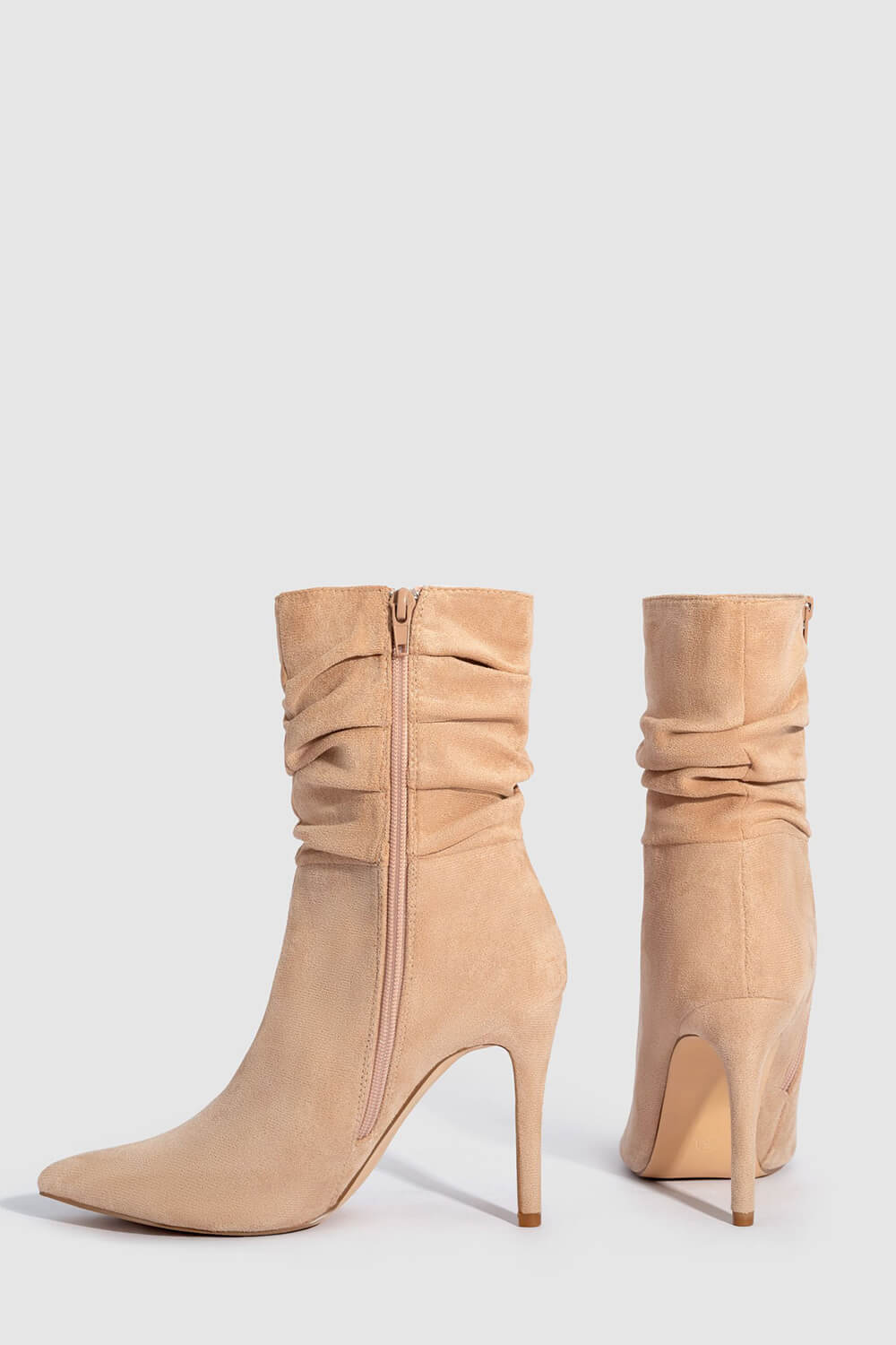 Faux Suede Ruched Detailed Mid-Calf Slouch Stiletto Heel Boots