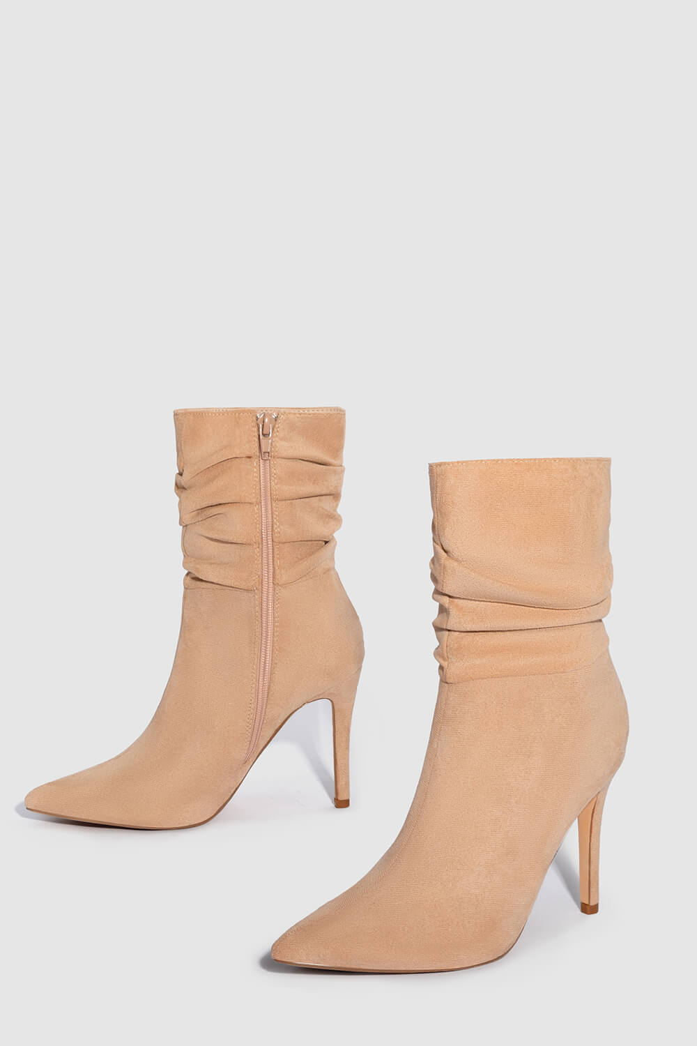 Faux Suede Ruched Detailed Mid-Calf Slouch Stiletto Heel Boots