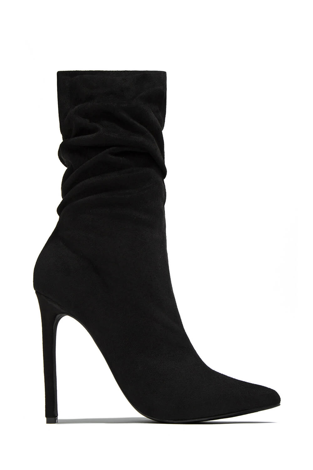Faux Suede Ruched Detailed Mid-Calf Slouch Stiletto Heel Boots
