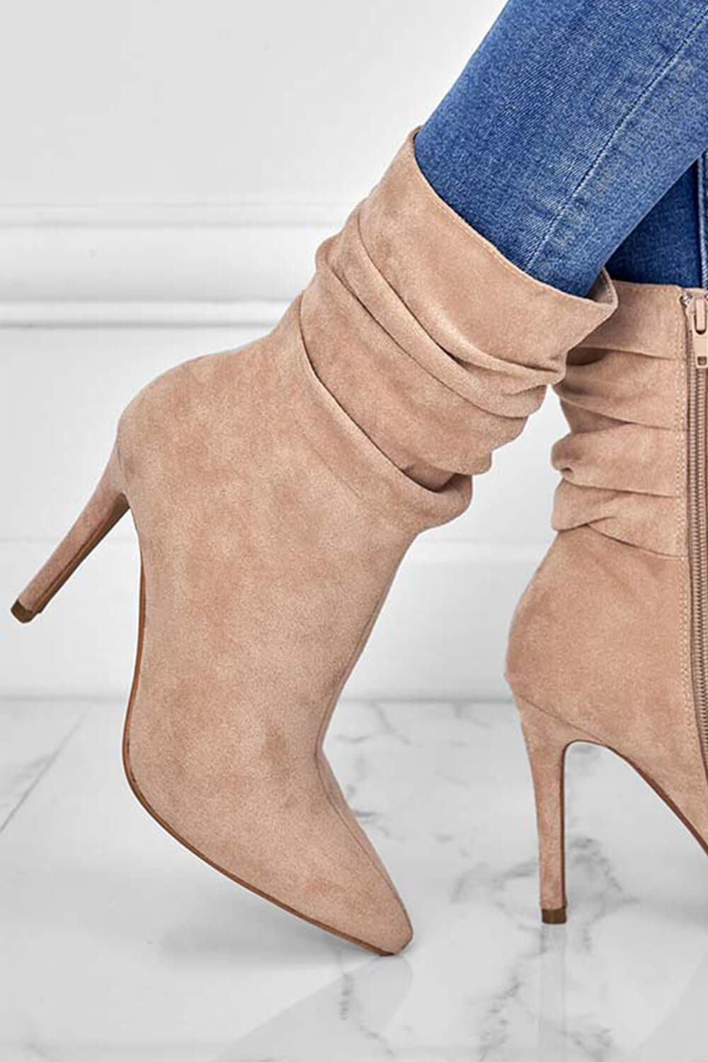 Faux Suede Ruched Detailed Mid-Calf Slouch Stiletto Heel Boots