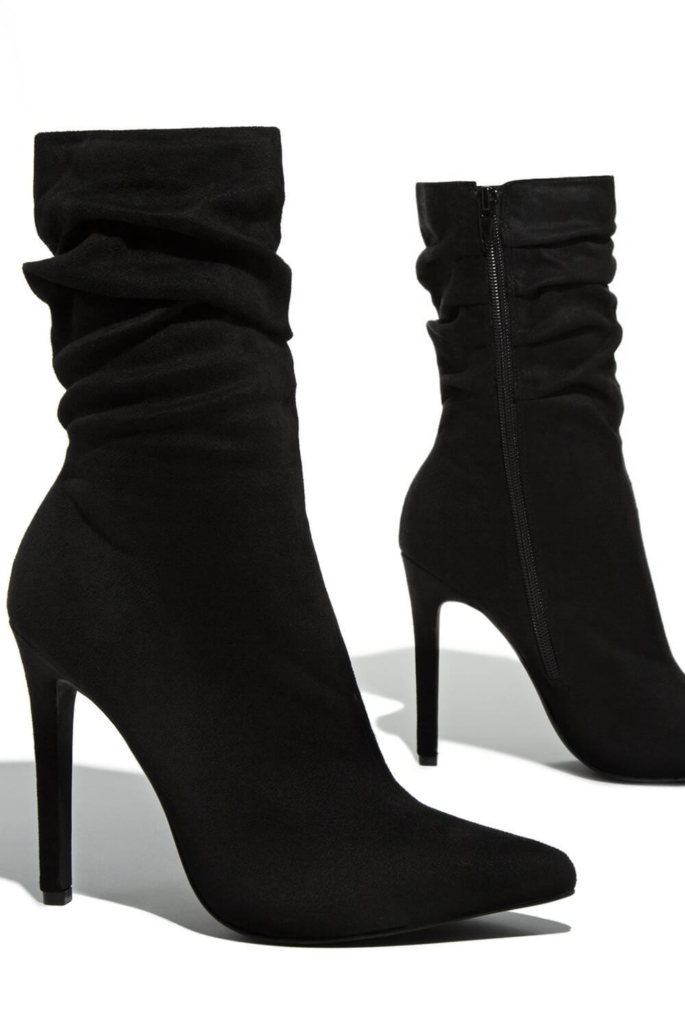 Faux Suede Ruched Detailed Mid-Calf Slouch Stiletto Heel Boots