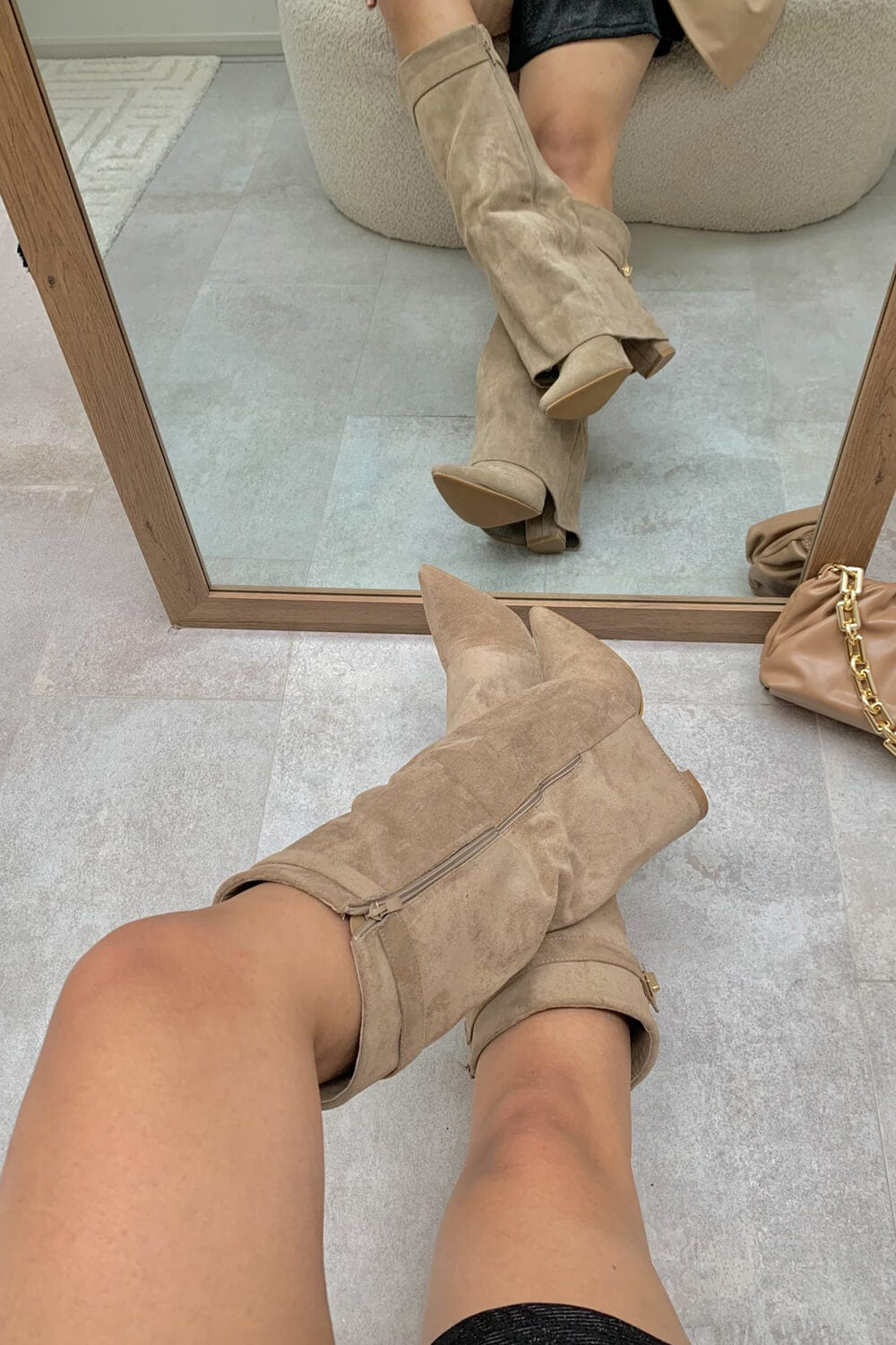 Faux Suede Fold Over Metal Lock Detail Knee High Boots