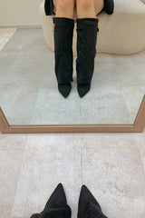 Faux Suede Fold Over Metal Lock Detail Knee High Boots