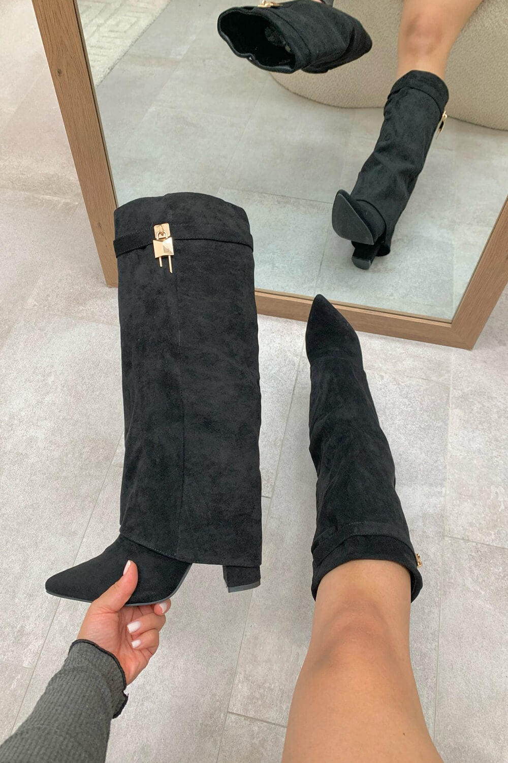 Faux Suede Fold Over Metal Lock Detail Knee High Boots