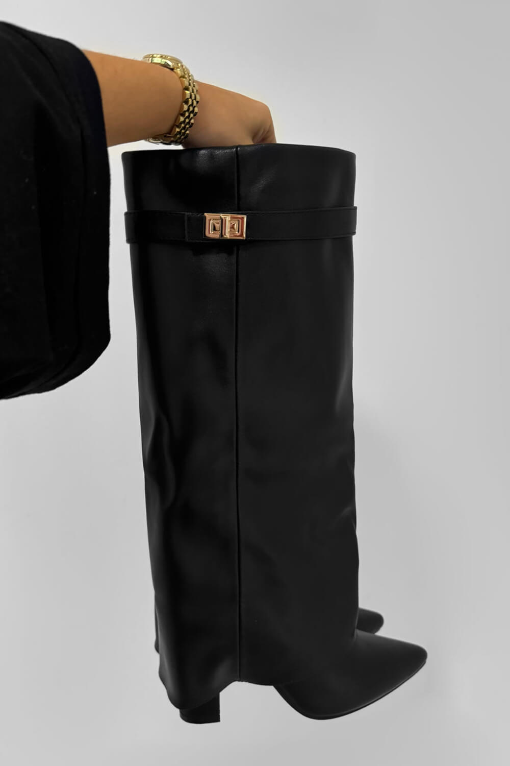Faux Leather Fold Over Metal Lock Detail Knee High Boots