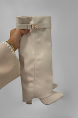 Faux Leather Fold Over Metal Lock Detail Knee High Boots