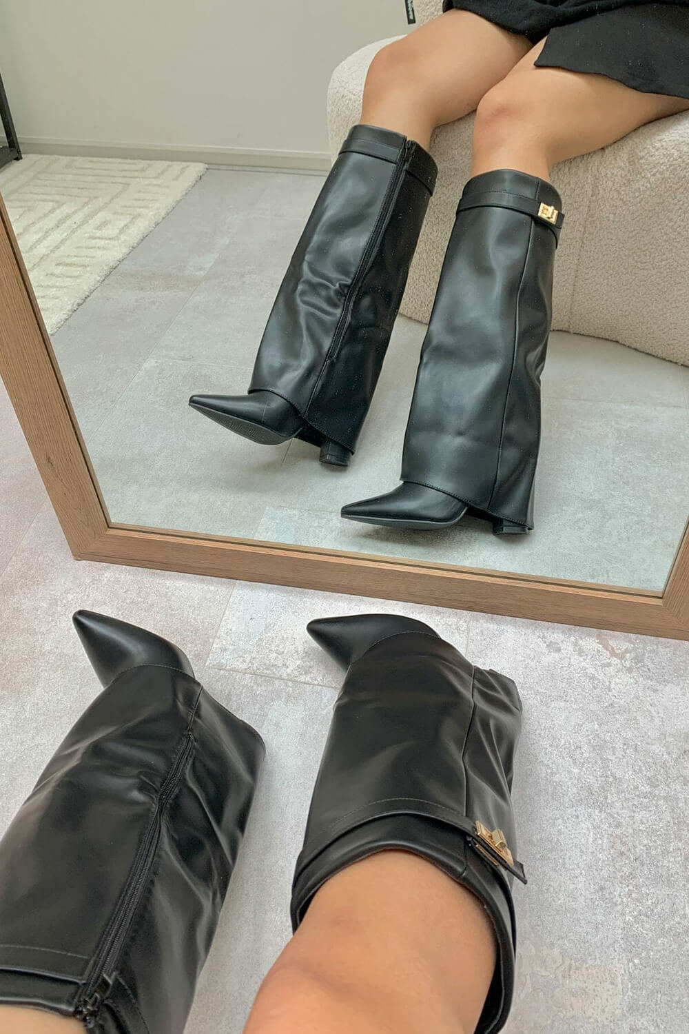 Faux Leather Fold Over Metal Lock Detail Knee High Boots