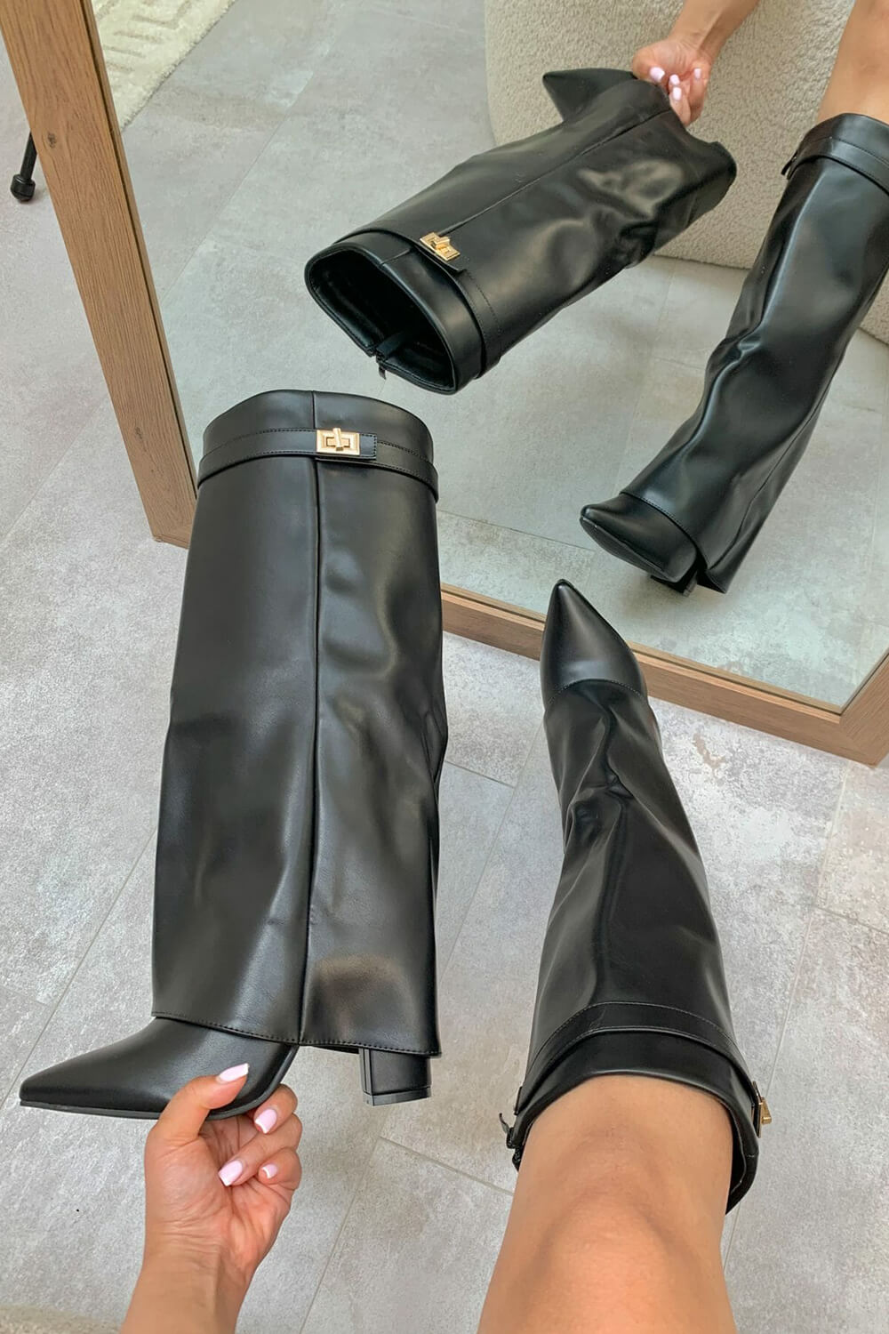Faux Leather Fold Over Metal Lock Detail Knee High Boots