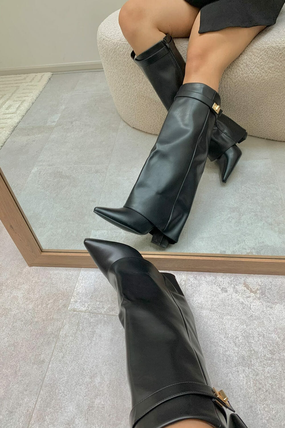 Faux Leather Fold Over Metal Lock Detail Knee High Boots