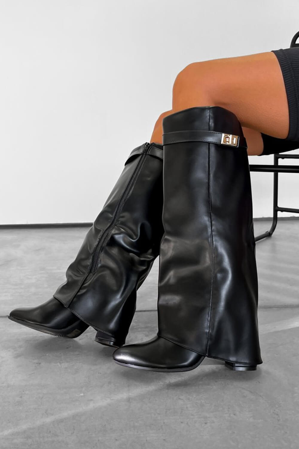Faux Leather Fold Over Metal Lock Detail Knee High Boots