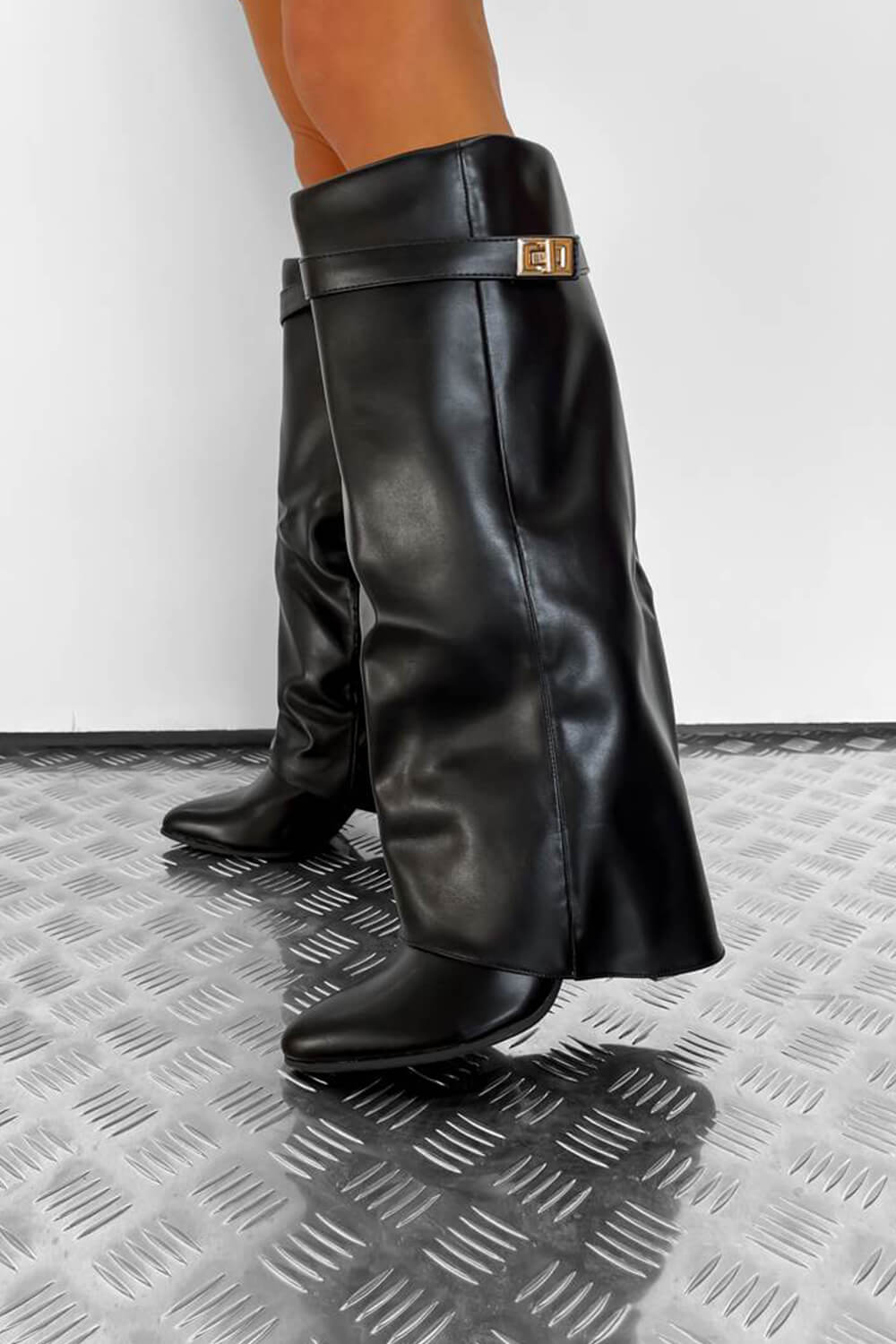 Faux Leather Fold Over Metal Lock Detail Knee High Boots
