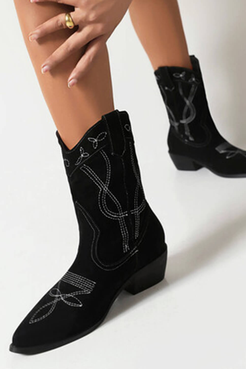 Faux Suede Western Embroidered Cowboy Block Heeled Ankle Boots