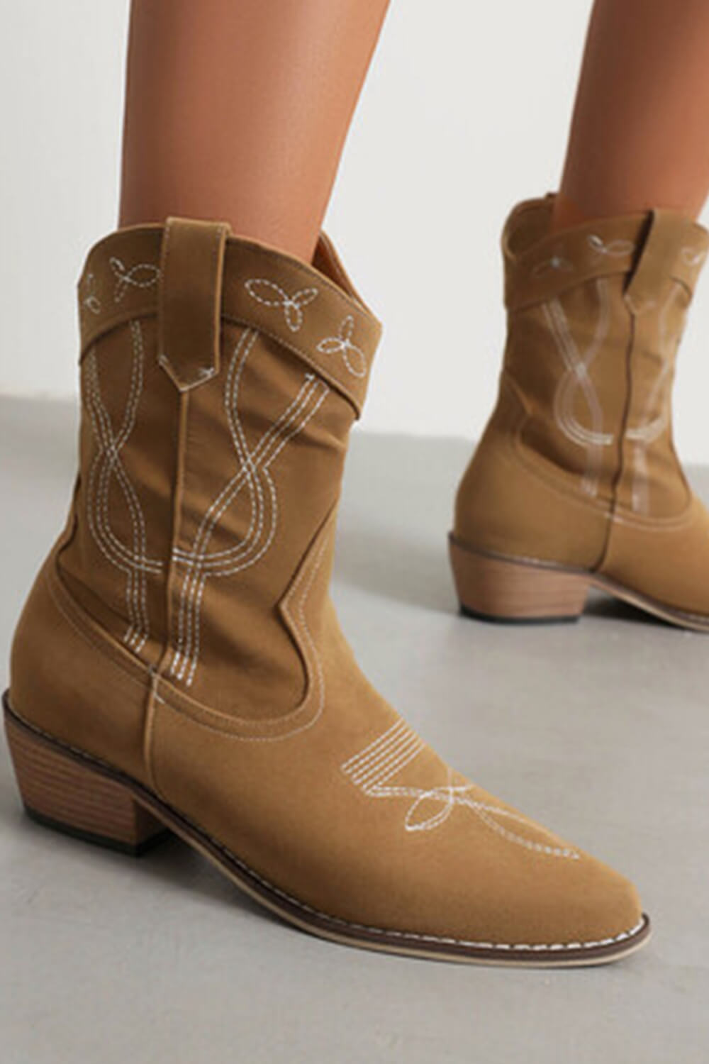 Faux Suede Western Embroidered Cowboy Block Heeled Ankle Boots