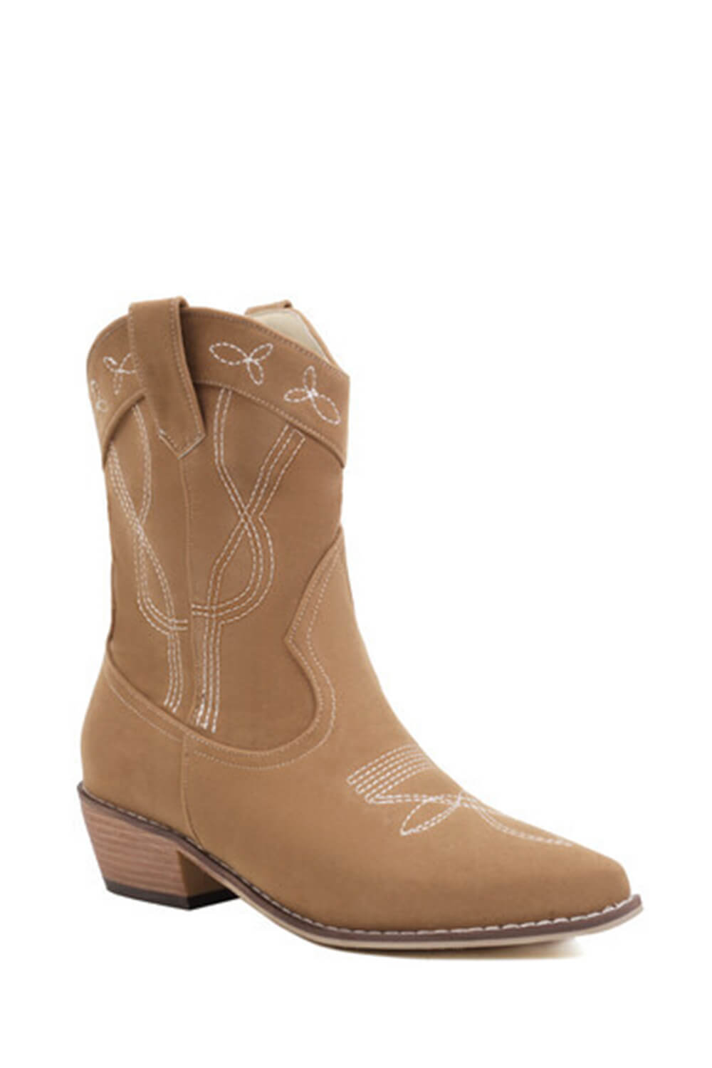 Faux Suede Western Embroidered Cowboy Block Heeled Ankle Boots