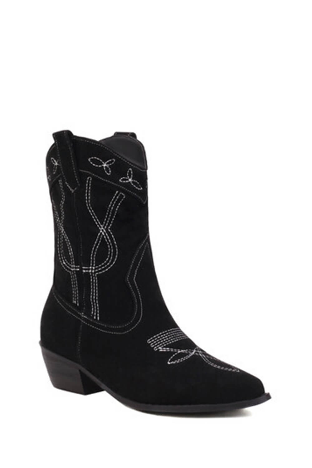 Faux Suede Western Embroidered Cowboy Block Heeled Ankle Boots