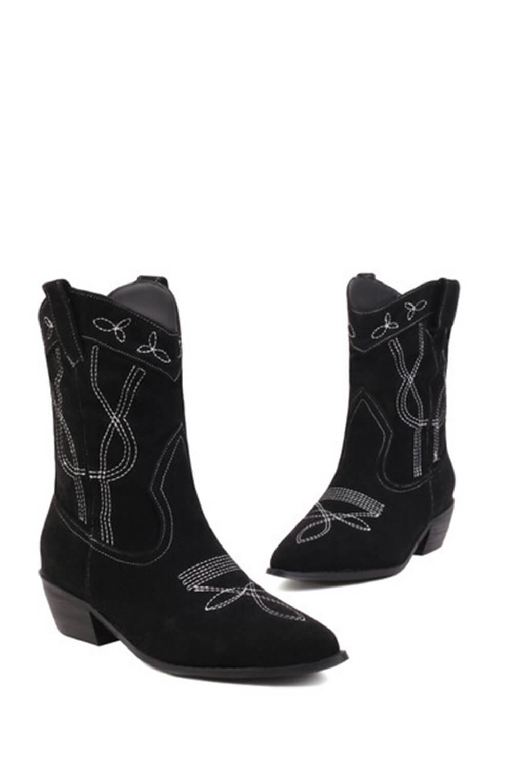 Faux Suede Western Embroidered Cowboy Block Heeled Ankle Boots