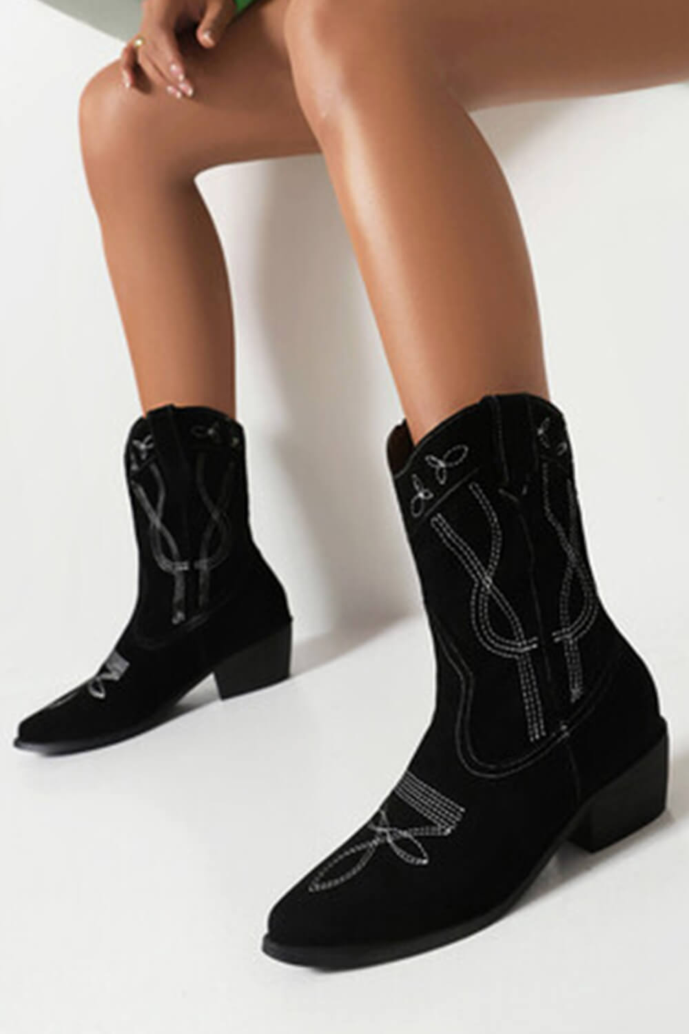 Faux Suede Western Embroidered Cowboy Block Heeled Ankle Boots