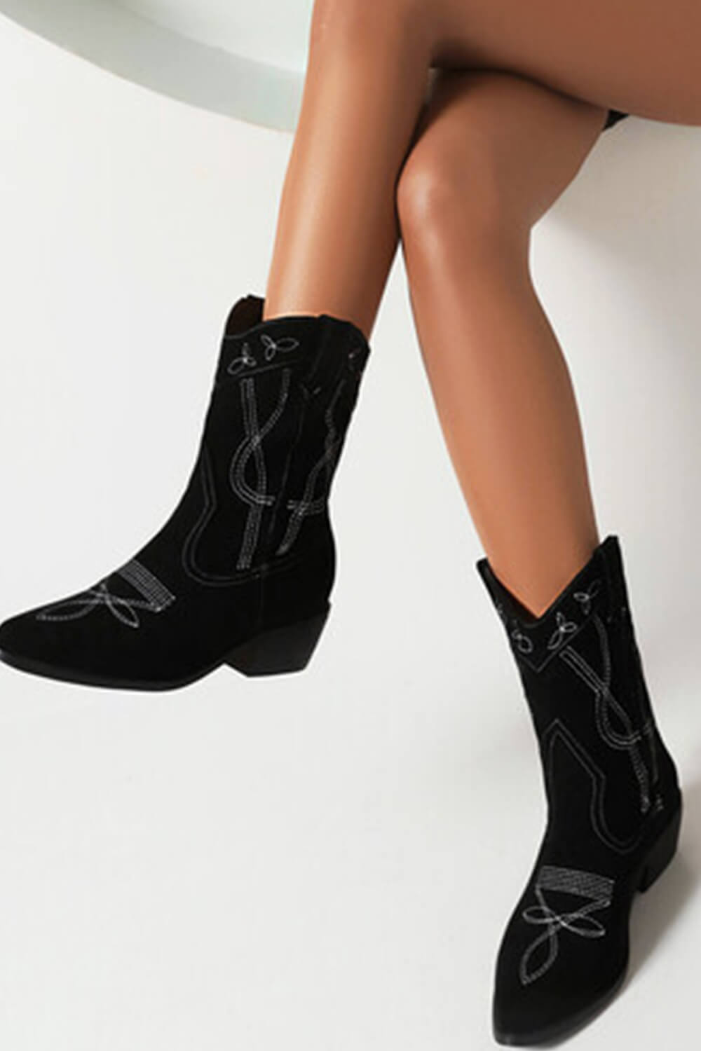 Faux Suede Western Embroidered Cowboy Block Heeled Ankle Boots