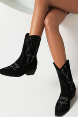 Faux Suede Western Embroidered Cowboy Block Heeled Ankle Boots